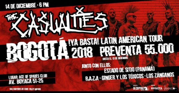 La furia punk de THE CASUALTIES llegará a Colombia el próximo 14 de diciembre